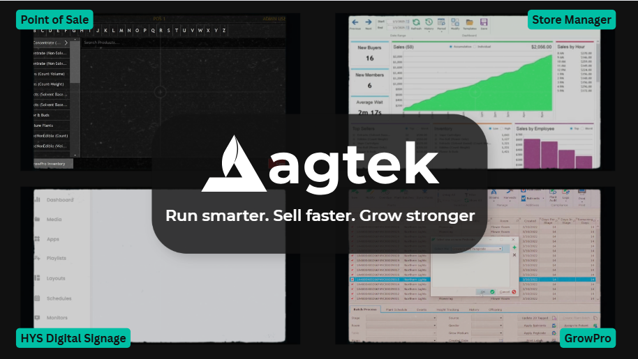 AgTek cannabis compliance software interface showing comprehensive business management tools for dispensaries, cultivation, and processing