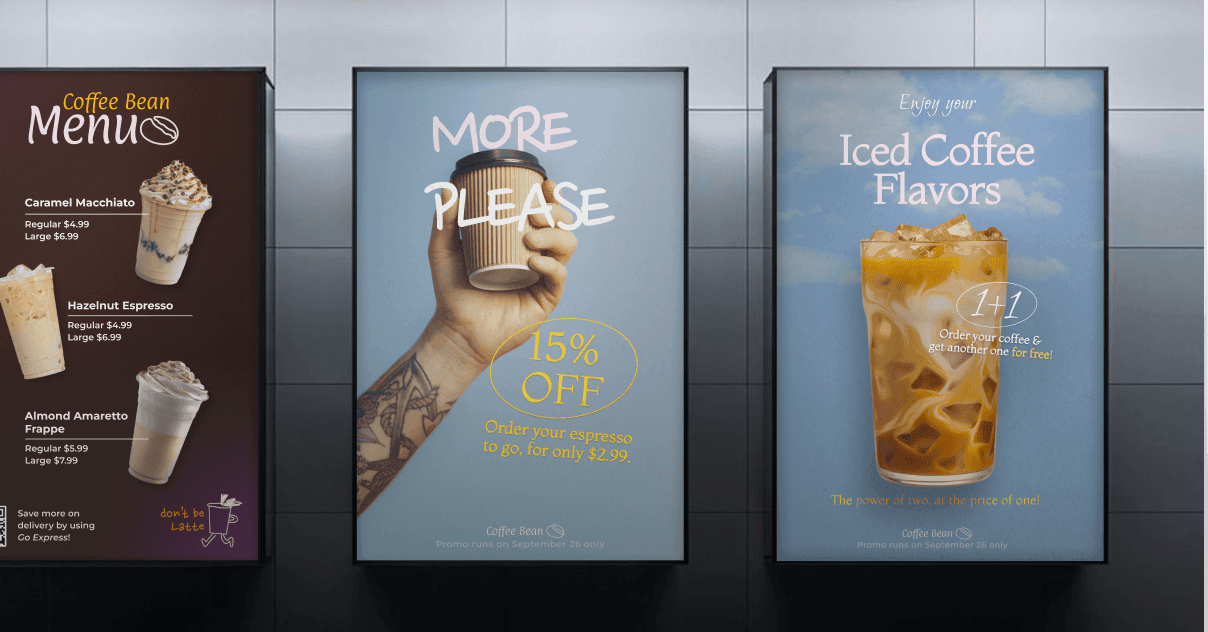 HYS Digital Signage in action - Coffee shop display showing menu and promotions