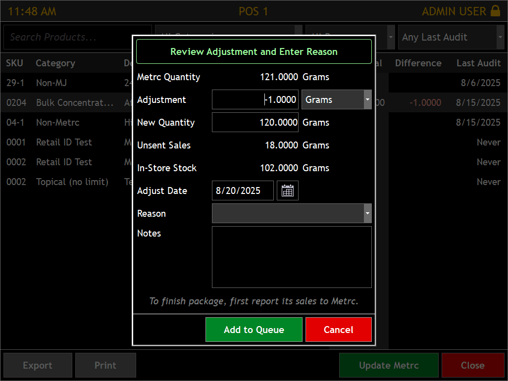 Inventory audit interface with automatic METRC state updates